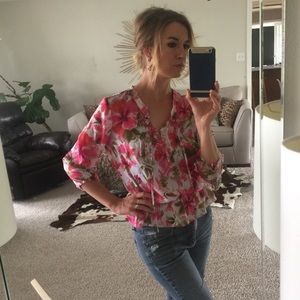 Sheer floral Jones New York tie front pink blouse